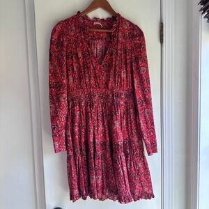 Ulla Johnson Red Floral Print Smocked Waist Tiered Ruffle Dress Size 2
